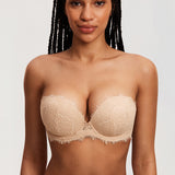 Women's Eyelash Lace Strapless Bra Beige
