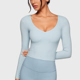 Women's Natrelax V-Neck Long Sleeve Tops Blue Linen