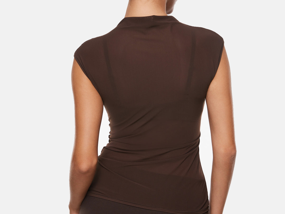 INLYRIC Cosnufy® Sheer Mesh Mock Neck Tank Top Hazelnut