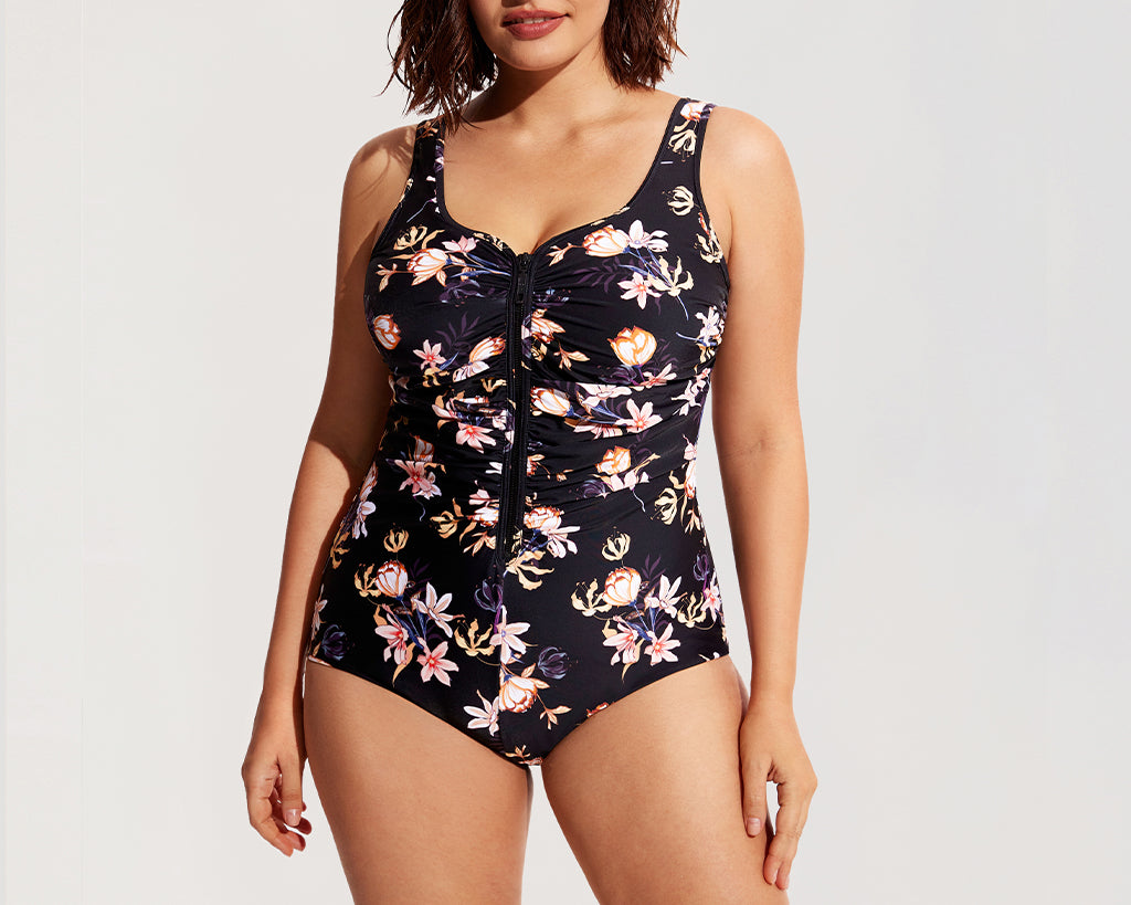 Women's Zipper One Piece Swimsuit Flowers In Full Bloom