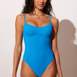 Women's Ribbed One Piece Underwire Swimsuit Madagascar Blue @model_info:ES1