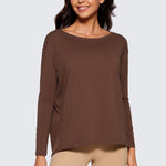 Women's Pima Cotton Boat Neck Long Sleeve Shirts Coffee Brown