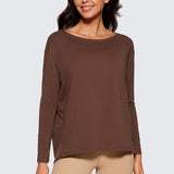 Women's Pima Cotton Boat Neck Long Sleeve Shirts Coffee Brown