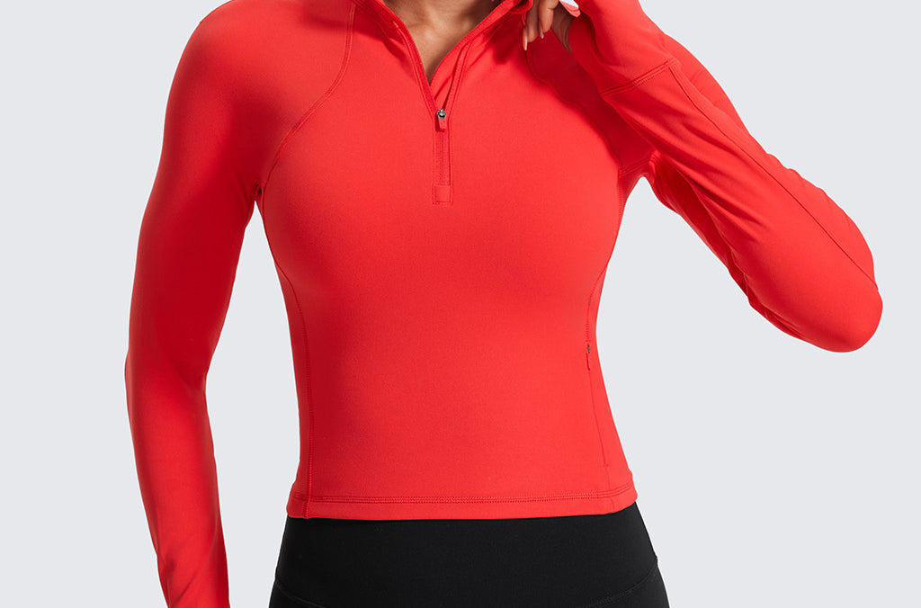 CRZ YOGA Women's Half Zip Long Sleeve Cropped Top Deep Red
